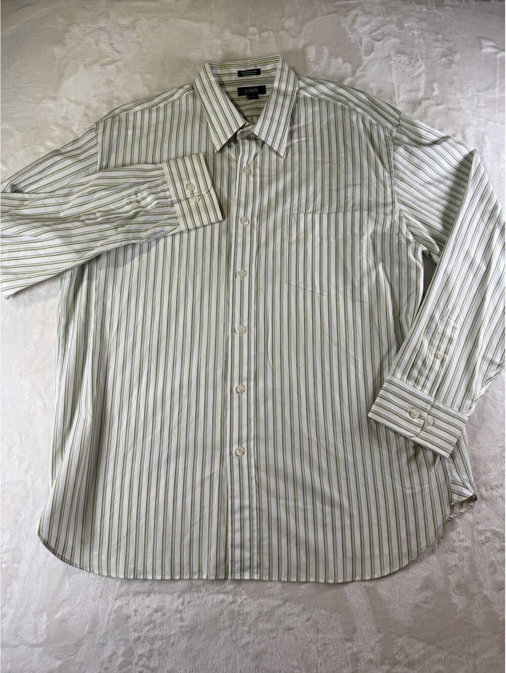 J Crew Mens XL White Olive Blue Striped Dress Shirt 17-17.5 Cotton